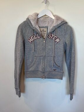 Vintage Hollister Hoodie Womens Medium Sherpa Lined Fleece Y2K Full Zip Gray